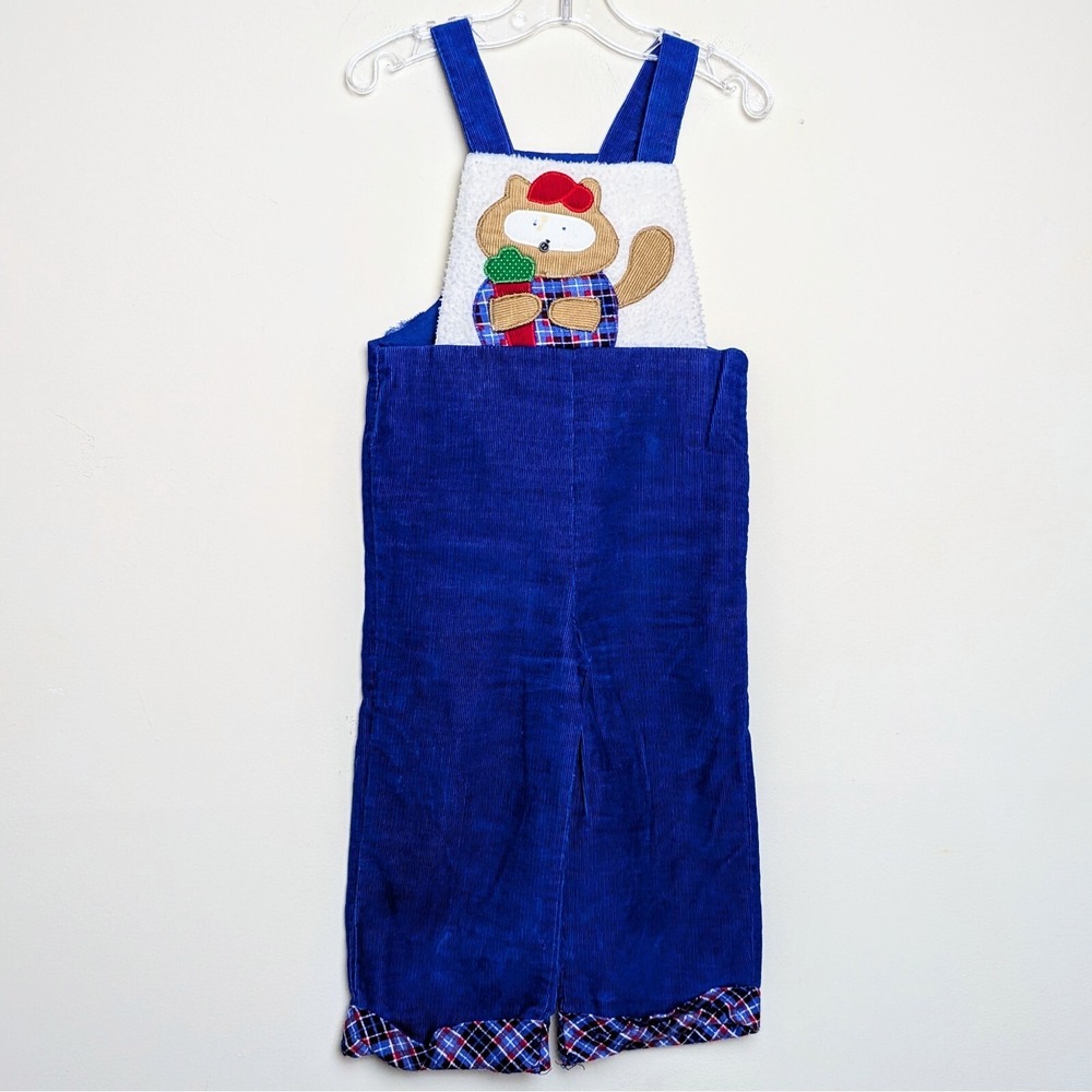 Vintage 80s Smocked‎ Dog Bear Corduroy Overalls Plaid Winter Made In USA 2T